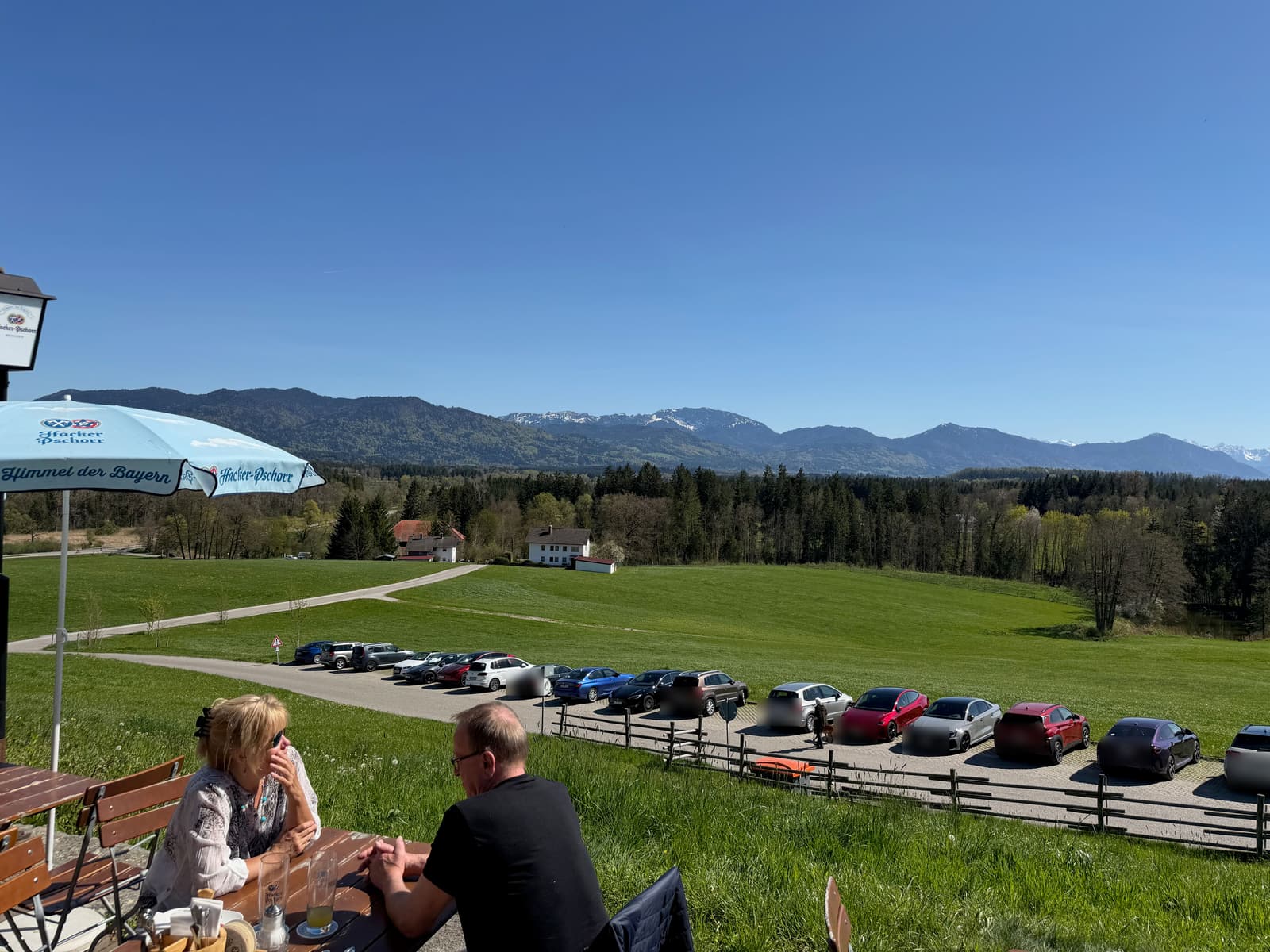 Blick vom Märznhof über die Wiesen auf die Alpenkette, unten die geparkten Fahrzeuge