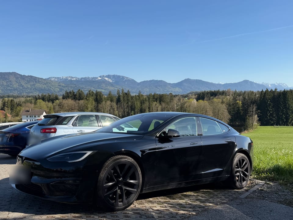 Schwarzes Model S im Abendlicht vor der Alpenkette
