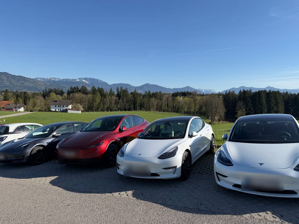 Fahrzeugreihe mit dem Alpenpanorama im Hintergrund