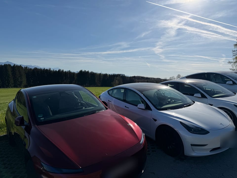 Dunkelroter Model Y und weißer Model 3 nebeneinander