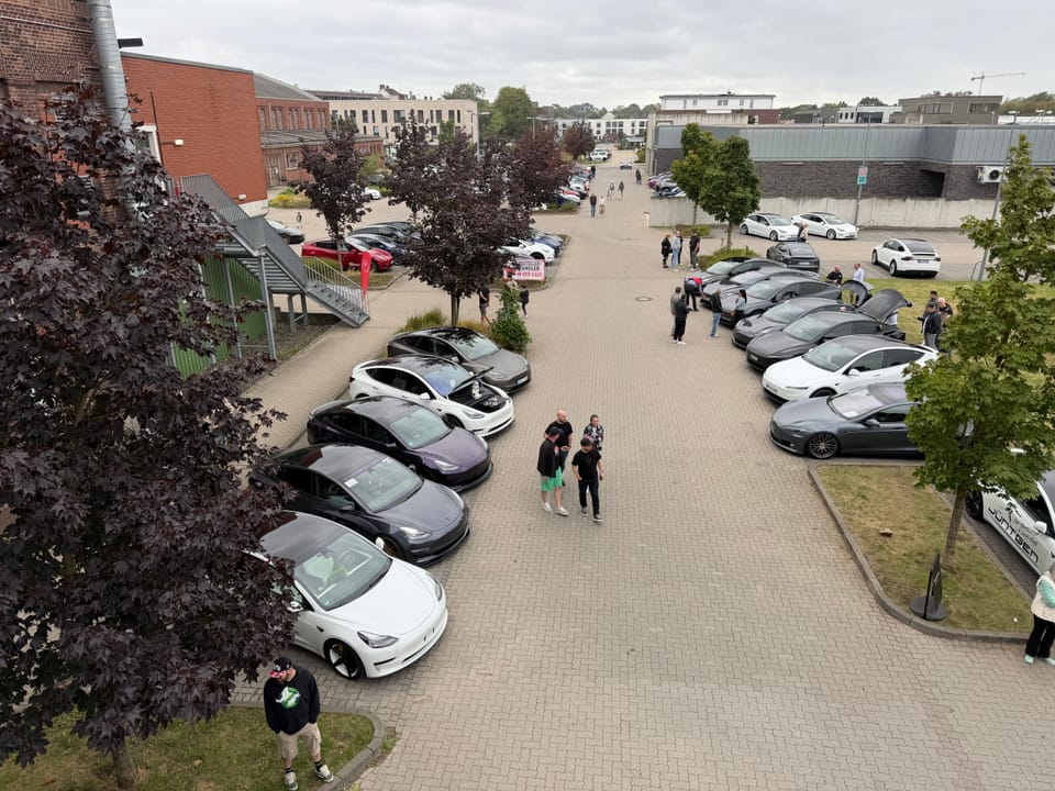 Blick über die Zufahrt: beidseitig geparkte Teslas, dazwischen Besucher auf dem Weg