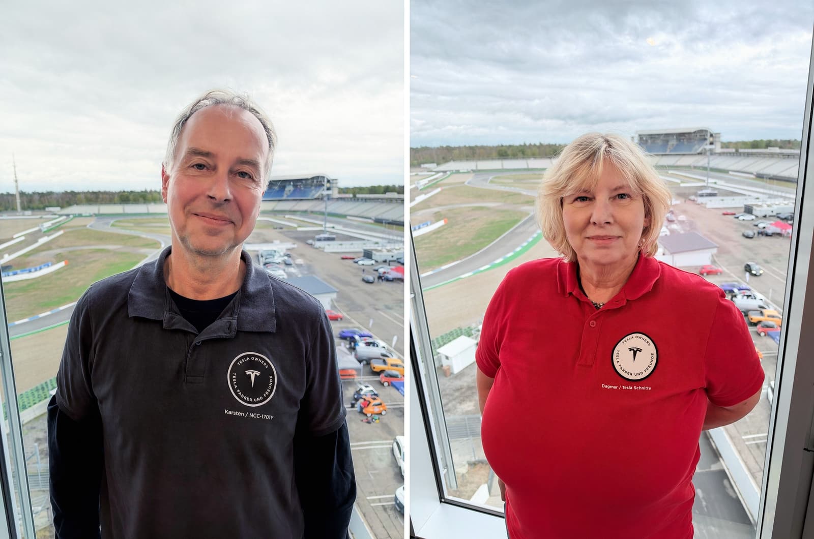 Karsten Jack und Dagmar Hoy im Vereinspoloshirt vor dem Fenster mit Blick auf die Strecke des Hockenheimrings
