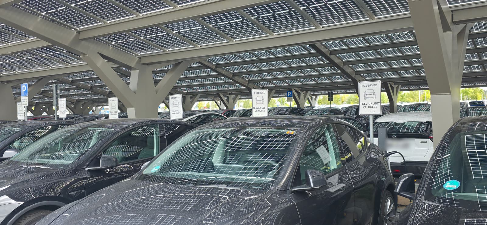 Fahrzeuge laden unter einem Solarcarport auf dem Gelände der Giga Berlin
