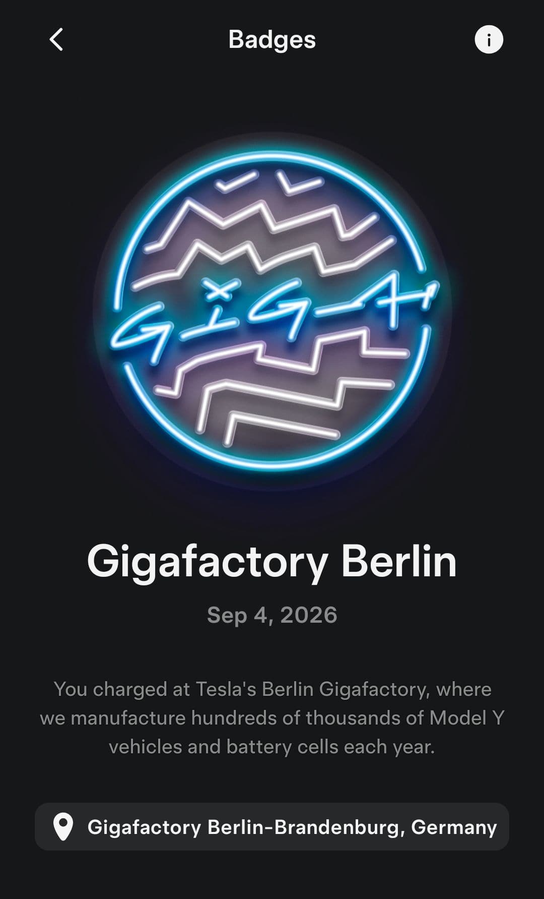 Bildschirmfoto des Ladeabzeichens Gigafactory Berlin vom 4. September 2026