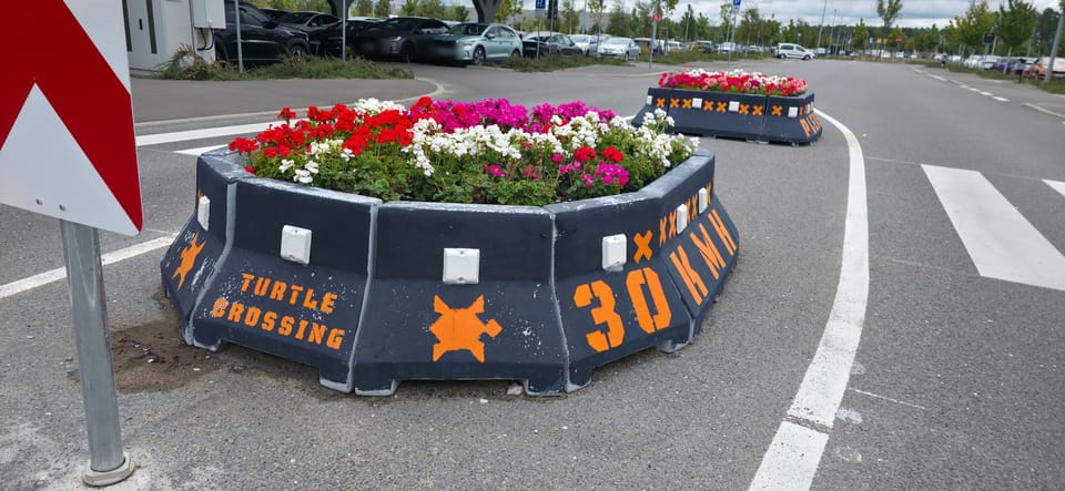 Blumenbeet mit der Aufschrift Turtle Crossing und Tempo 30 auf der Werkstraße