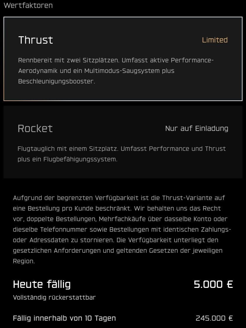 Ausschnitt der Reservierungsseite: Thrust als limitierte Auflage, Rocket nur auf Einladung, heute fällig 5.000 Euro, innerhalb von zehn Tagen 245.000 Euro