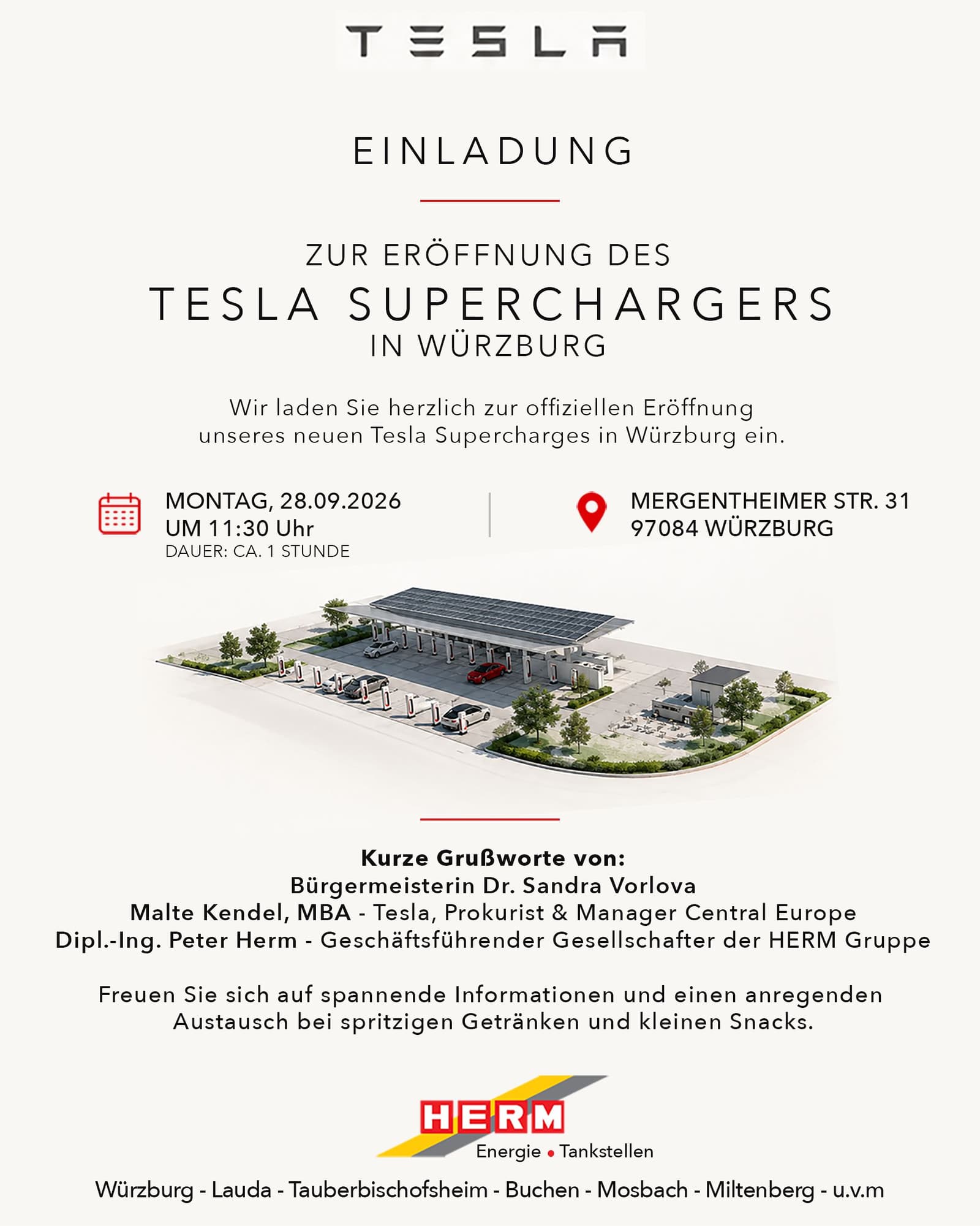 Einladung von Tesla zur Eröffnung des Superchargers in Würzburg mit einer Ansicht der Ladeplätze unter dem Solardach