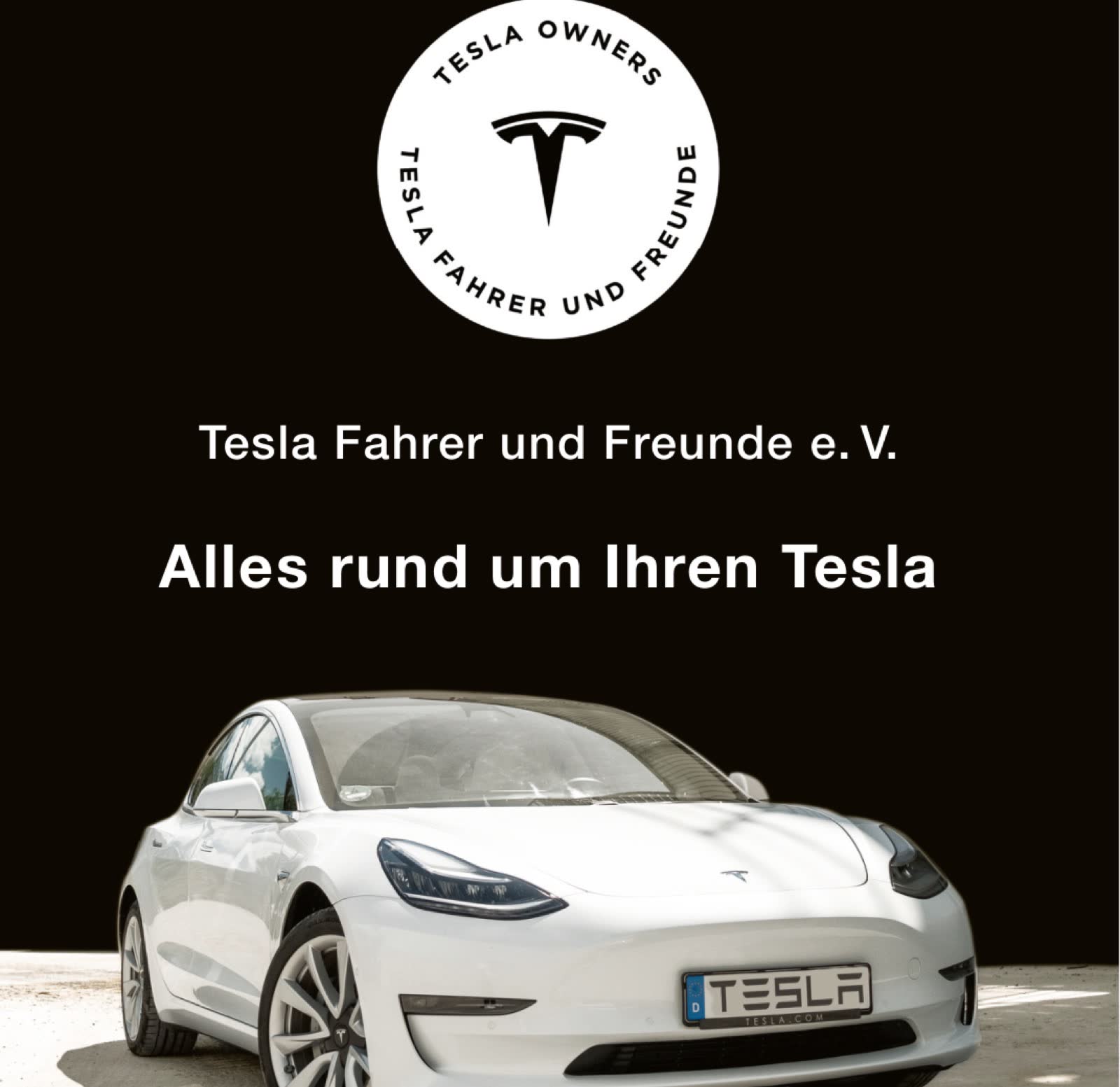 Titelblatt der Vereinsbroschüre: Vereinslogo, Schriftzug Alles rund um Ihren Tesla und ein weißes Model 3