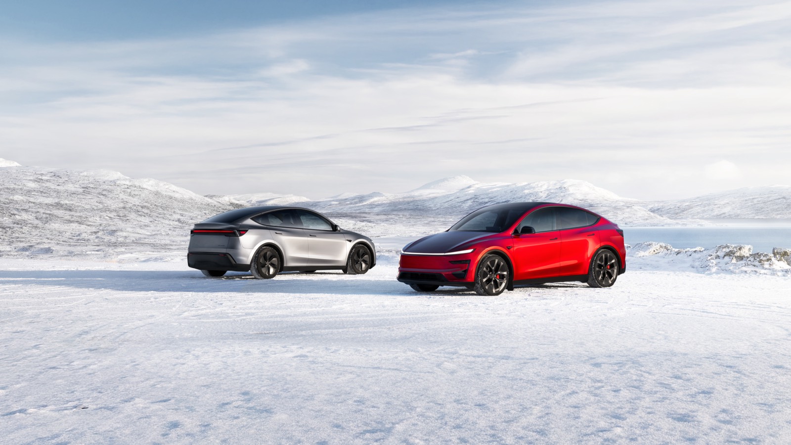 Zwei Tesla Model Y in verschneiter Berglandschaft