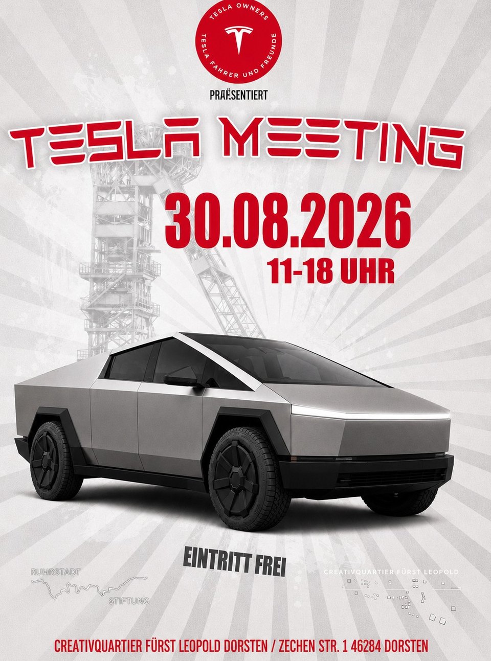 Veranstaltungsplakat: Tesla Meeting am 30.08.2026, 11 bis 18 Uhr, CreativQuartier Fürst Leopold Dorsten, Eintritt frei